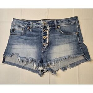 KanCan Denim Button Fly Fray Hem Jean Shorts Large 30x2" Blue Stretch Pockets
